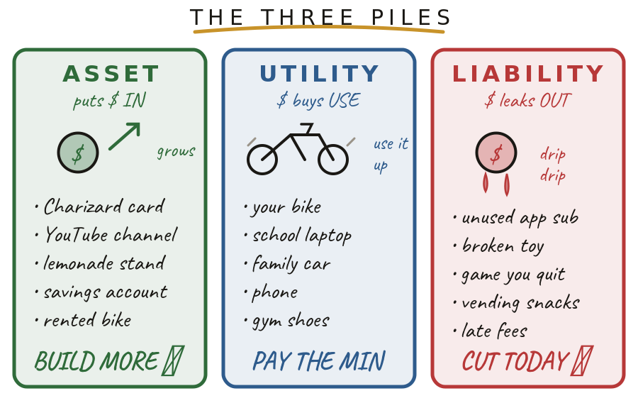 Three columns labelled ASSET, UTILITY, LIABILITY with examples listed underneath each and instructions: BUILD MORE, PAY THE MIN, CUT TODAY.