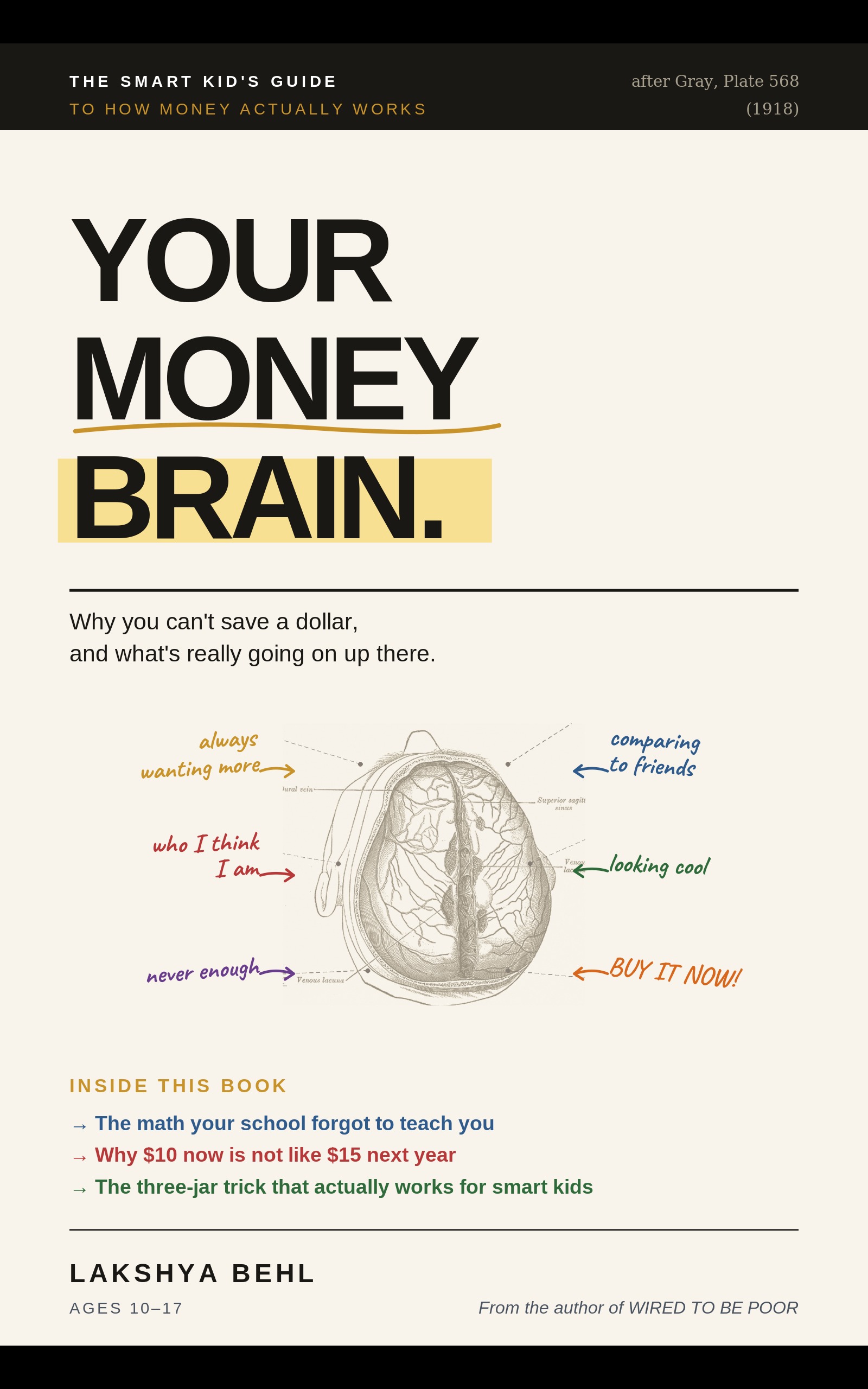 Your Money Brain by Lakshya Behl. Cover shows a hand-drawn anatomical brain with multi-pen margin notes.